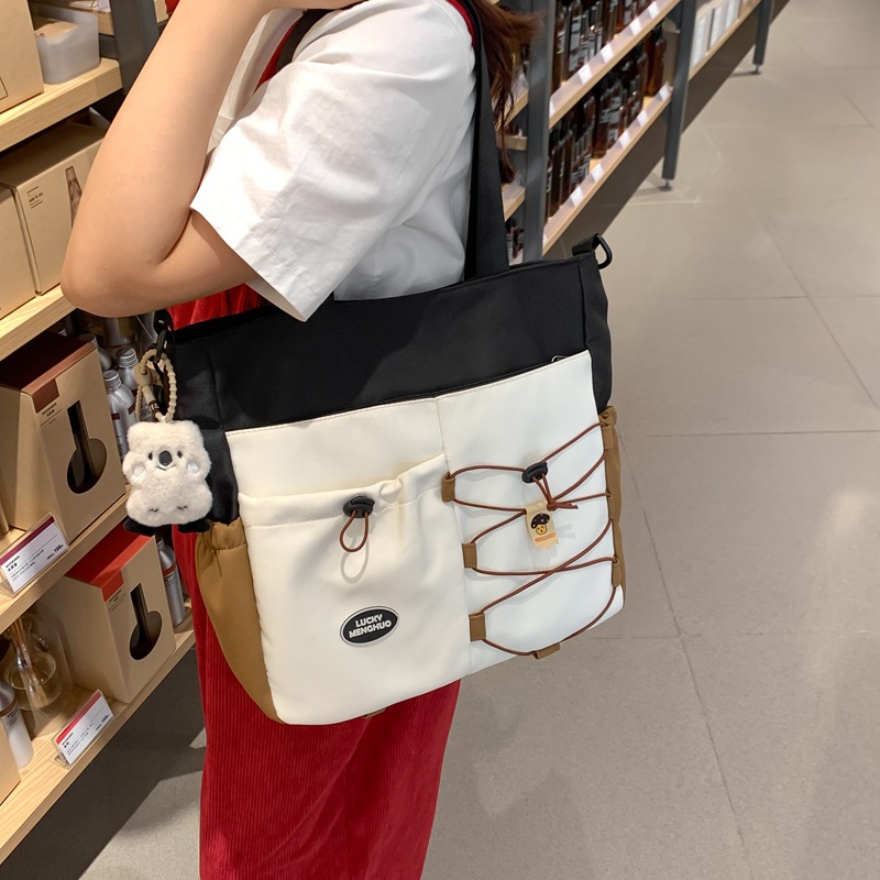 (2개) 교정 가방 여성 학생 간단한 클래스 어깨 가방 짠 DRAWSTRING 작은 신선한 핸드백 대비 컬러 통근 교정 가방