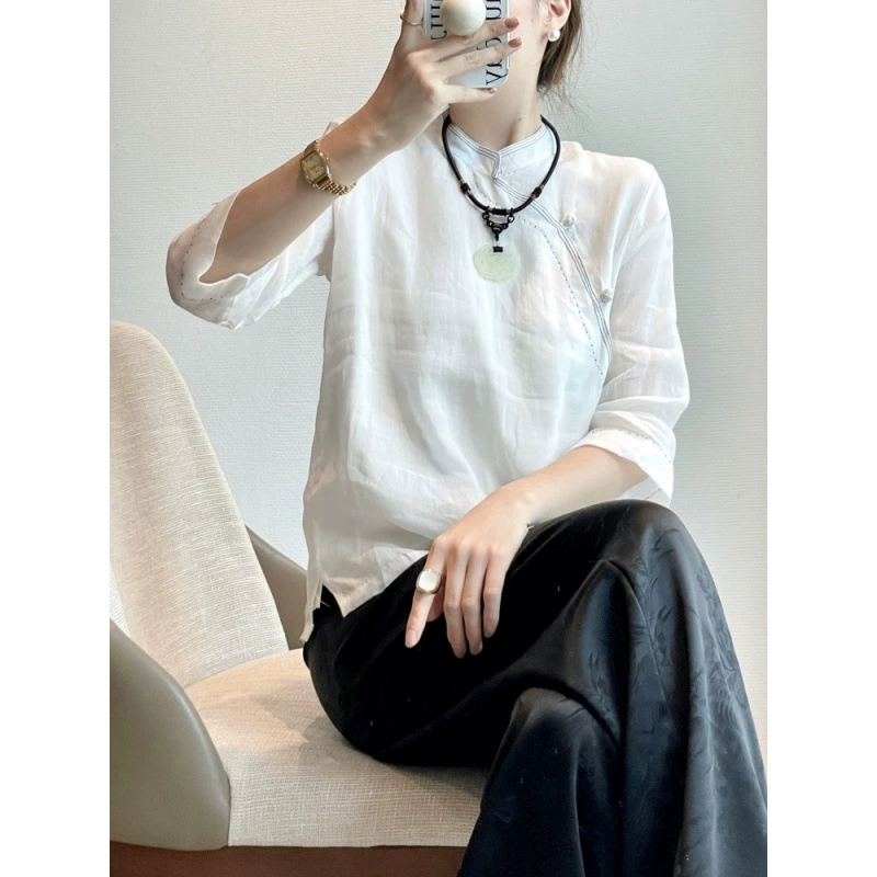 Новый женский топ-чонсам в китайском стиле, летний воротник-стойка в национальном стиле, ретро-темперамент, чайный костюм из рами на пуговицах, рубашка с рукавами три четверти