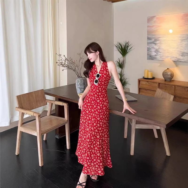 Plus Size Hong Kong Style Retro Summer V Neck Sexy Slim Red Waist Navy Blue Floral Halterneck Long Dress