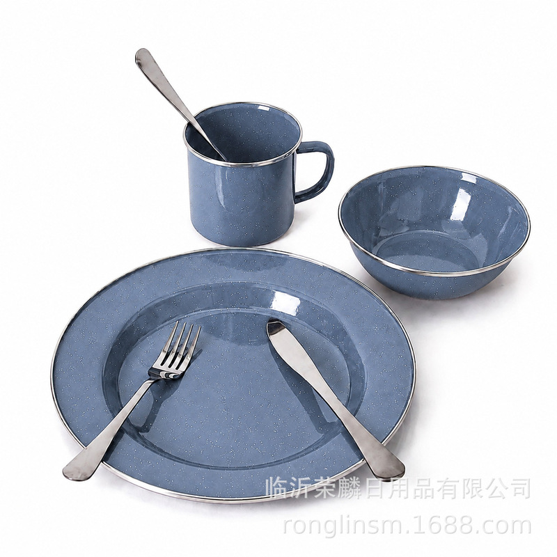 Amazon Enamel Bowl and Plate Set Blue Spotted Vintage Tableware Home Outdoor Portable Dinner Plate Cup Bowl Combination