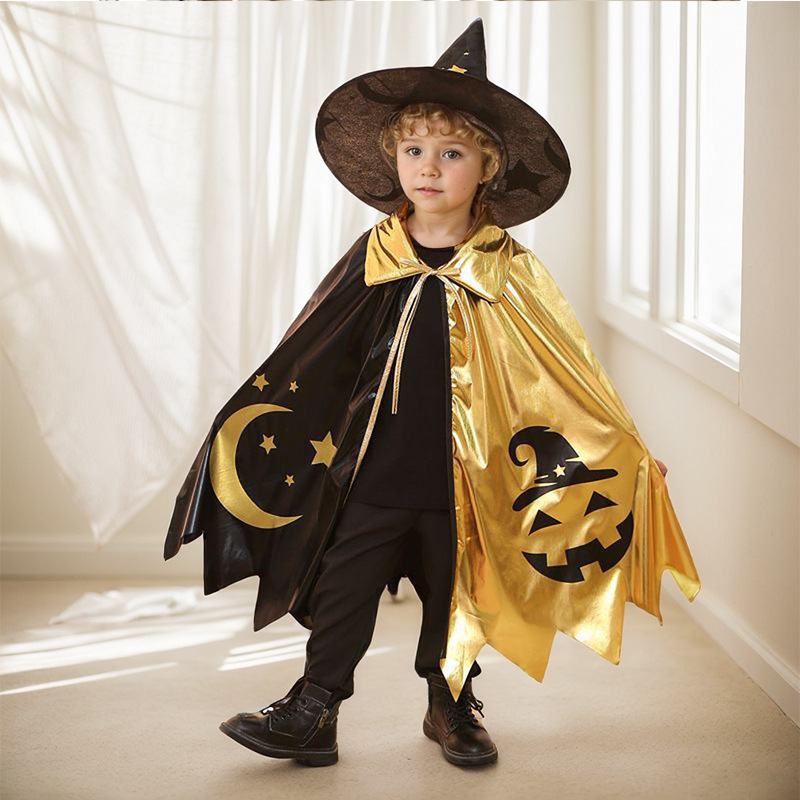 2025新型ハロウィーン子供マント五星魔女服魔法使いプリントマントセットが国境を越えて人気がある|undefined