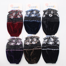 2025秋冬季短款金丝绒袖套女蕾丝拼接深色防污套袖批发