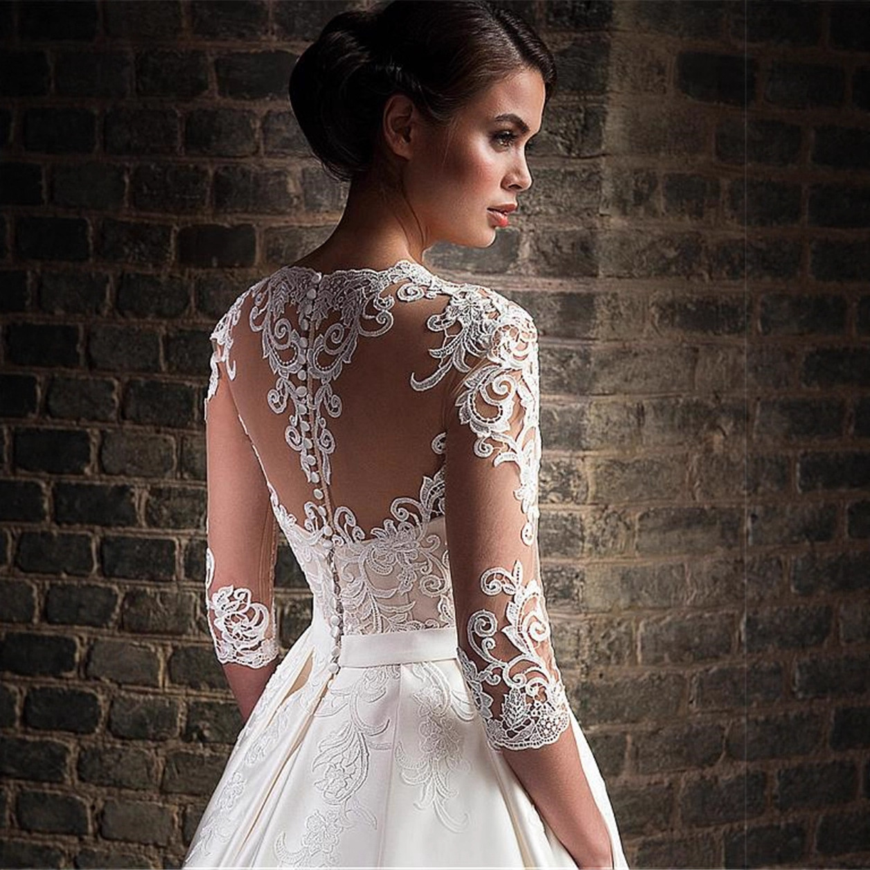 Vestido de novia de comercio exterior 2024 Nuevo estilo longitud del piso de encaje nupcial adelgazamiento manga larga forjado sexy cuello en V simple fotografía de viaje longitud del piso