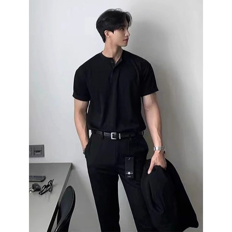 Henry Collar Short-Sleeve Men's 2026 New Fitness Sports T-Shirt Summer American Style Muscle-Showing Half-Sleeve Top Trendy