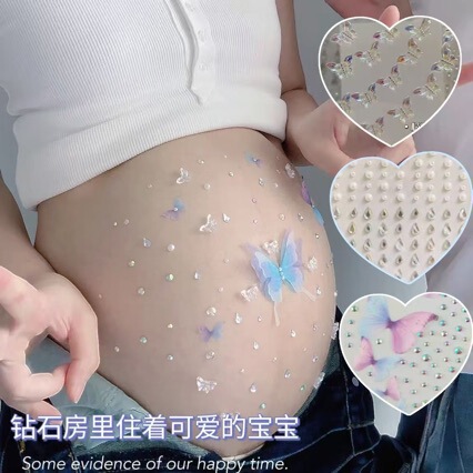 Pregnant Women's Belly Stickers with Colorful Heart-Shaped Rhinestones, Pregnancy Belly Stickers, Photo Props and Decorations