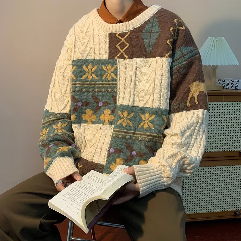 Otoño e invierno estilo de Hong Kong ins estilo étnico jersey todo-fósforo más gordo talla grande suéter suelto gordo estilo bf perezoso