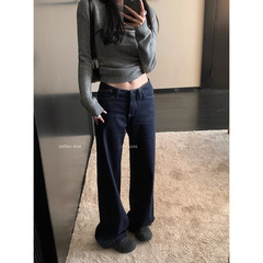 Ouyang ウエストレスジーンズ女性の冬の新しいルーズワイドレッグパンツレトロストレートパンツフロアレングスパンツ