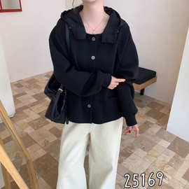 2026春季新款复古系扣重磅开衫连帽卫衣简约通勤宽松休闲外套女