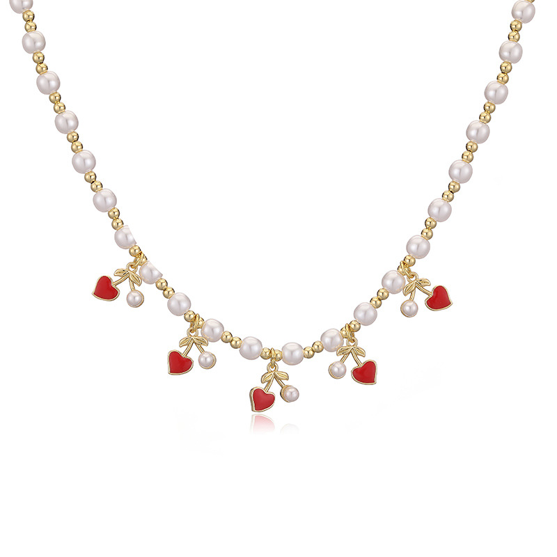 Daily, Date Occasion Wholesale Jewelry Sweet Cherry Strawberry Copper Enamel Multi Charms Necklace