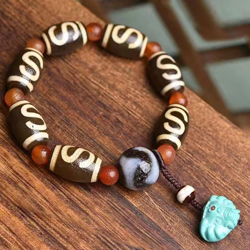 原创设计藏传老天珠金钱勾天珠男女款手串链配虎牙天珠绿松石象神