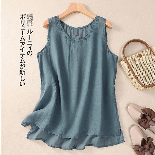 New *** leak-picking cotton vest summer loose retro sleeveless embroidery thin artistic solid color top sling