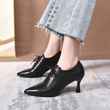细跟单鞋女鞋2024新款秋冬季深口中跟尖头系带高跟杏色真皮鞋欧美
