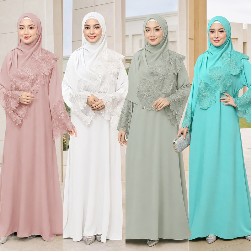 Malaysian women's four-color ready-to-ship lace and rhinestone elegant dress, ethnic style robe with headscarf