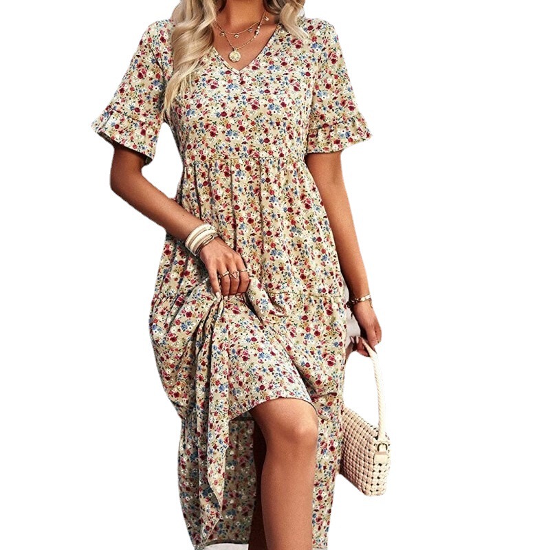 Amazon 2023 Summer Floral Long Skirt Casual Bohemian V Neck Short Sleeve Elegant Beach Long Sundress