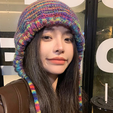 冬季渐变彩虹毛线帽女民族风保暖学生包头帽防寒百搭系带针织帽男