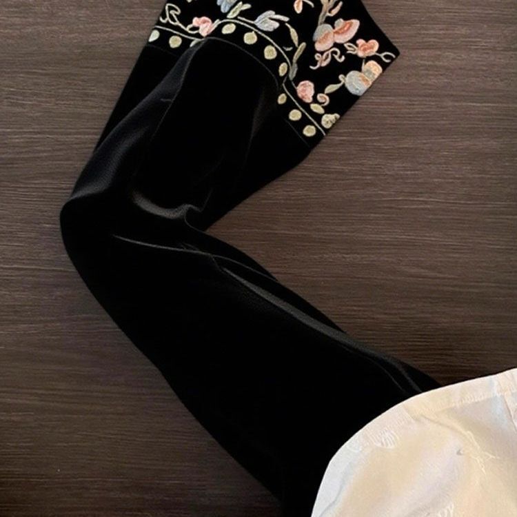 Chinese-Style Women's Clothing, Retro National Style, Petite Size, Black High-Waisted Trendy Flared Pants, Straight-Leg Velvet