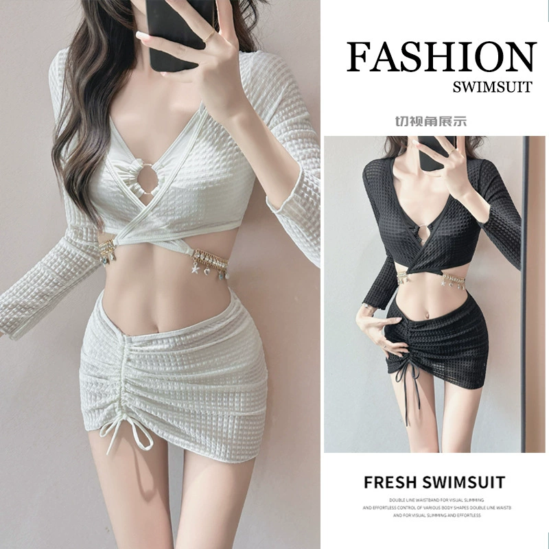 Женский комплект из четырех частей вафельного бикини, новый стиль с разрезной юбкой, консервативная пляжная накидка с длинными рукавами для горячих источников, защита от солнца.