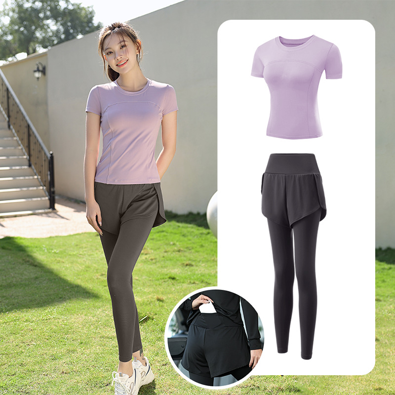 Trajes de yoga para mujeres de verano para correr ropa deportiva suelta rápida ropa seca bolsillo para correr trajes de mujeres de la mañana para correr comercio exterior