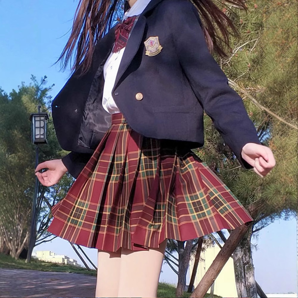 山楂树格裙西装两件套正统日系JK制服裙学院风高腰红绿格纹百褶裙