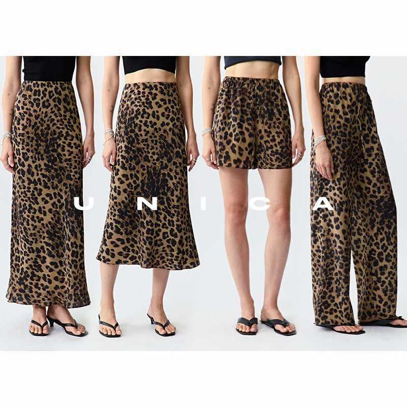 Snow Leopard Print 14mm Double Crepe Silk Flowing Paris Leopard Print Fishtail Skirt Shorts Air Pants Half Skirt Casual Pants