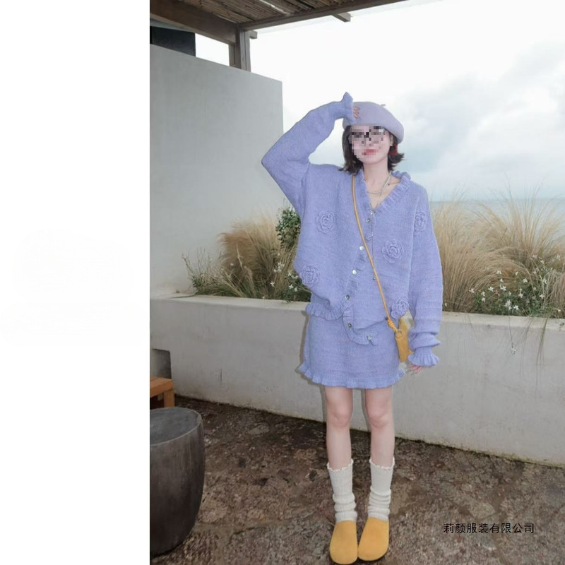 千金风小洋装套装2025早秋新款气质立体花朵灰色针织衫短裙女装|undefined