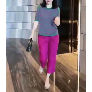 23535大爱美依缘2026夏季新款韩版彩色条纹漏肩T恤休闲裤时尚减龄