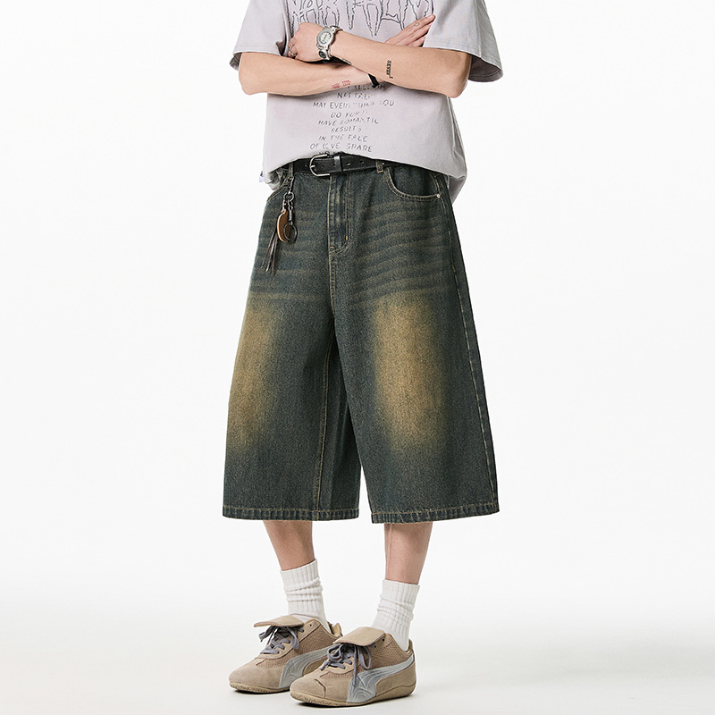 Wide-leg Cropped Jeans Men's Summer Vintage Washed Old Straight Pants Half-elastic Waist Loose Casual Shorts