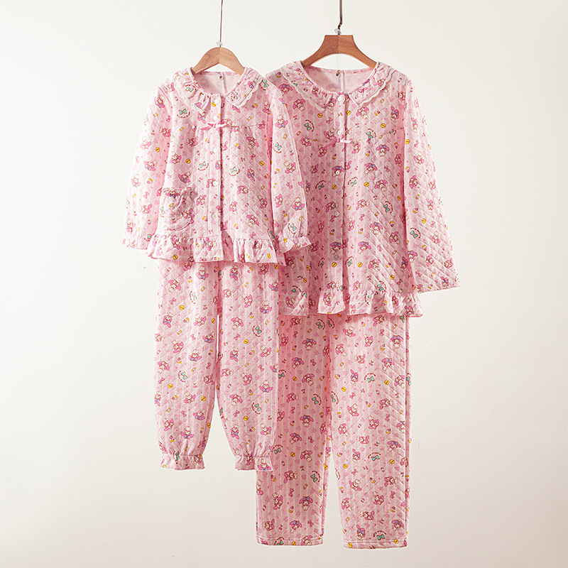 새로운 여성용 따뜻한 면 에어 레이어 귀여운 프린트 긴팔 긴바지 잠옷 홈웨어 세트 도매 1개