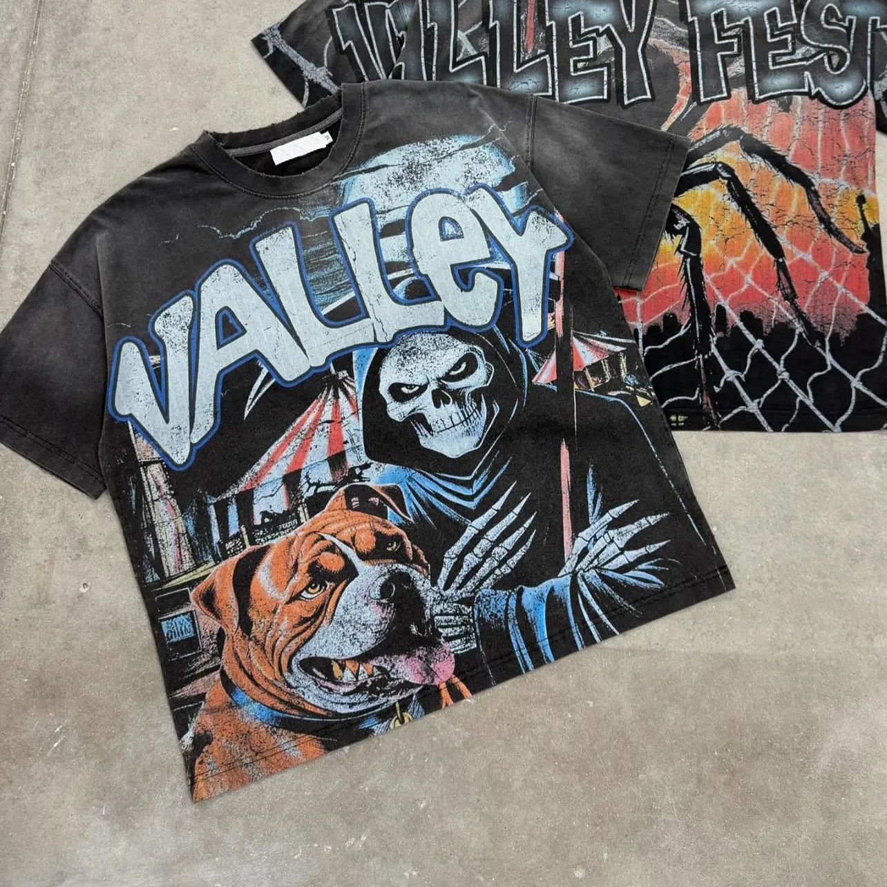 Verano estilo americano retro impresión oscura lavado con agua hace viejos bloques sueltos oversize hip hop skate camiseta de manga corta