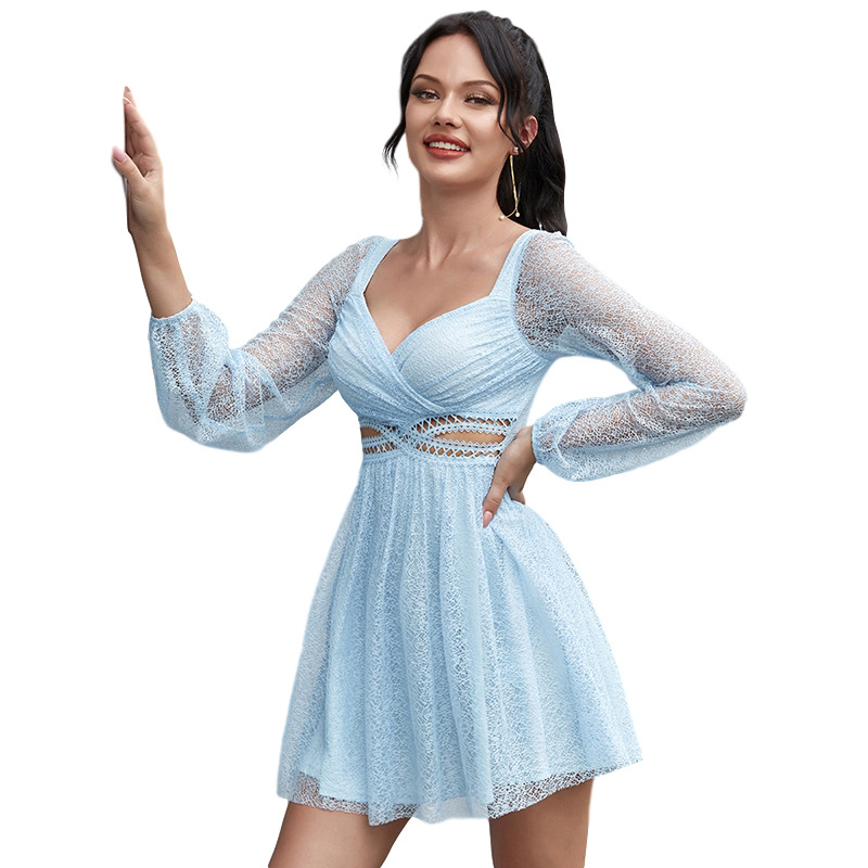 2022亚马逊跨境夏季新款欧美前开V后一字低领长袖连衣裙