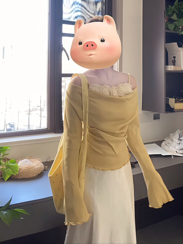 立体黄色花朵假两件荡领长袖T恤女春季2025新款设计感纯欲风上衣|undefined