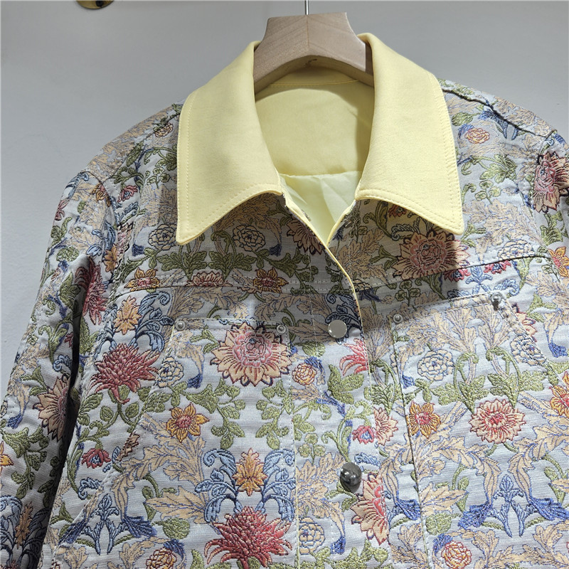 Chaqueta Corta Jacquard para Mujer Holgada de Manga Larga con Solapa de Poliéster