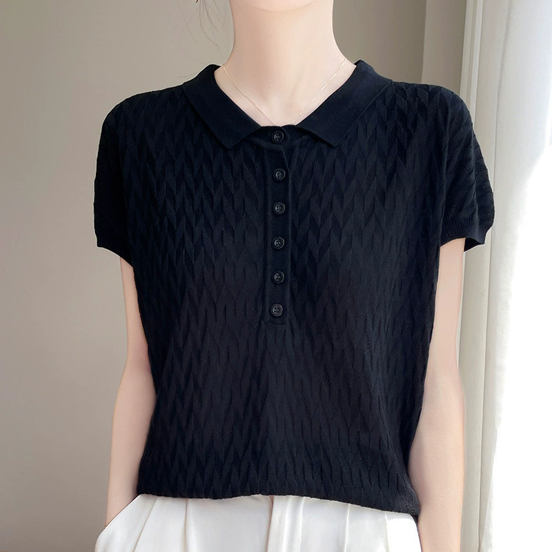 24-летние новые шелковые шелковые микстаны с воротником POLO вязаный свитер с короткими рукавами женский ромбовидный жаккардовый чистый топ