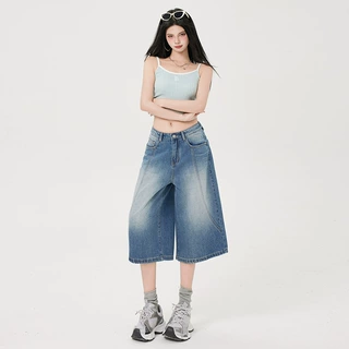 狸舍#美式复古牛仔短裤女2025夏季爆款阔腿七分裤高腰宽松直筒裤