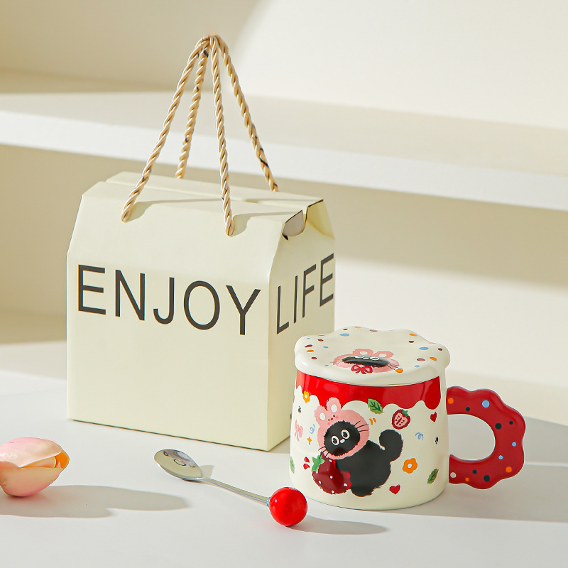Con cubierta encantador conjunto de dibujos animados gato negro tazas de alto valor pareja tazas de cerámica tazas de agua marca regalo acompañante