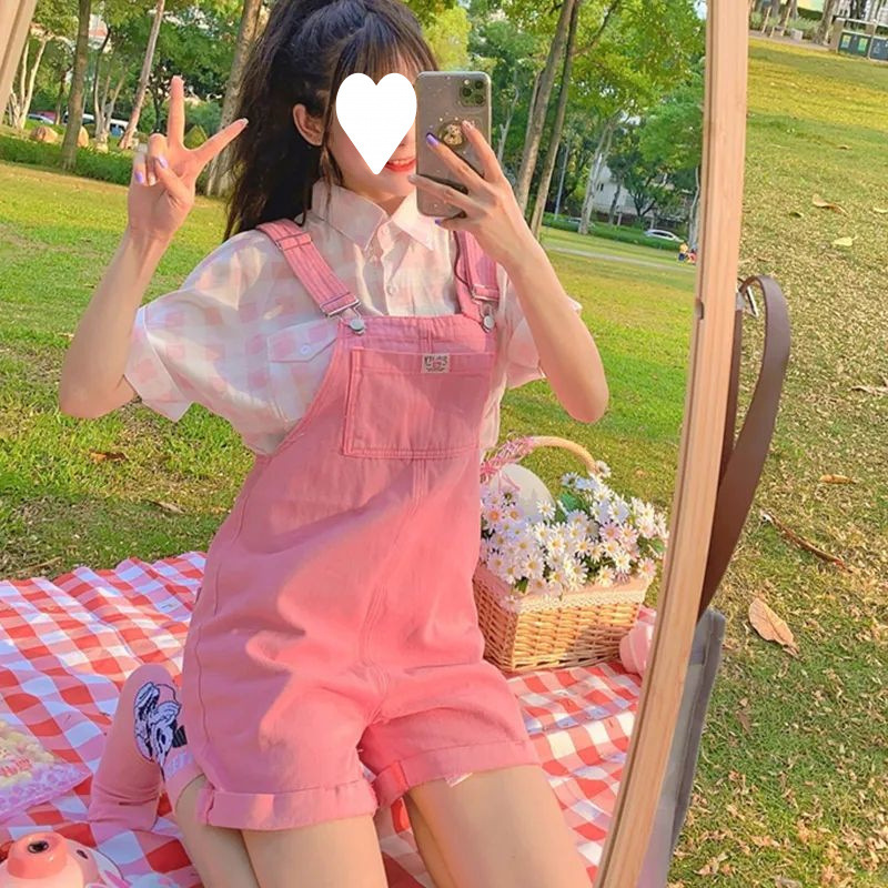 甘いピンクのデニムオーバーオール夏の女性のゆったり痩身インターネットセレブファッション年齢を減らす小柄な人用ワンピースショーツ|undefined