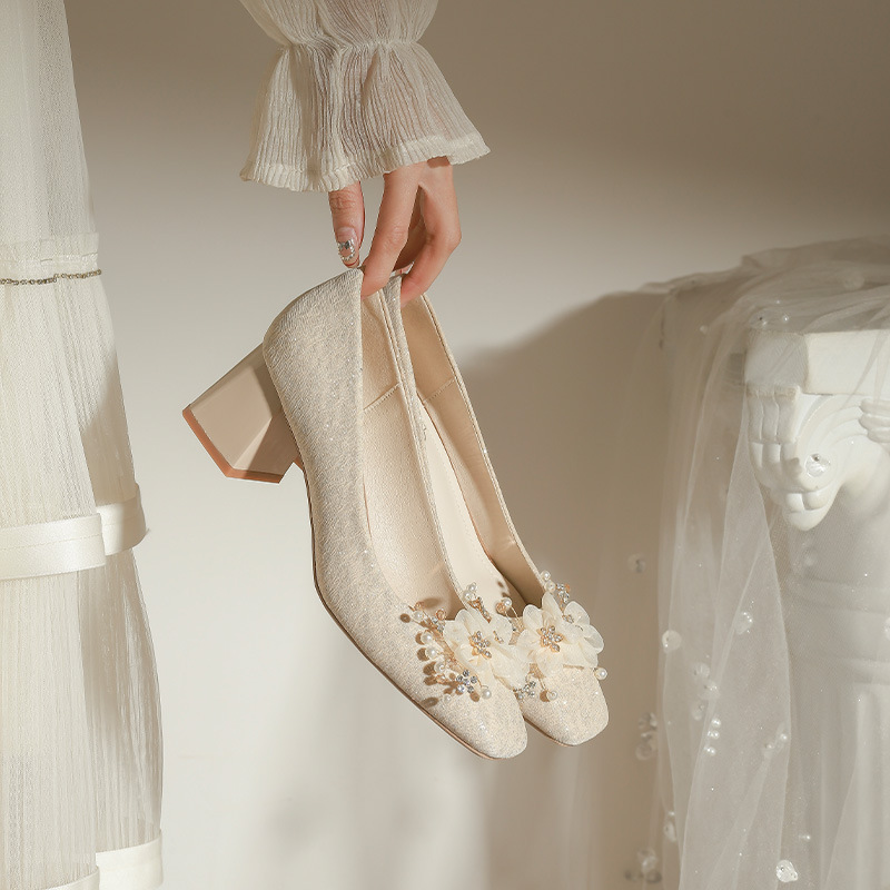 F527-11 Wedding Shoes French Bride Shoes Champagne Female Temperament Bridesmaid High-heeled Xiuhe Cheongsam 32-43