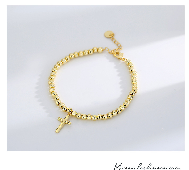 Gold Plated Beaded Charm Bracelet Minimalist Cross Design_voghion.com