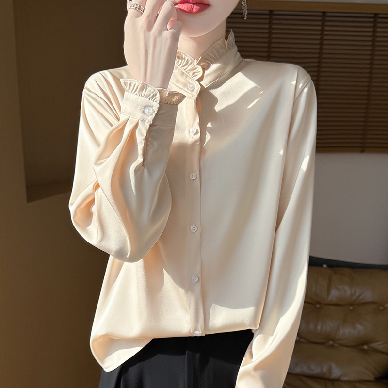 French Style Spring and Autumn Long Sleeve Shirt Women's Lace Collar Design Sense Niche Loose Top Artistic Style Satin Smooth Shirt