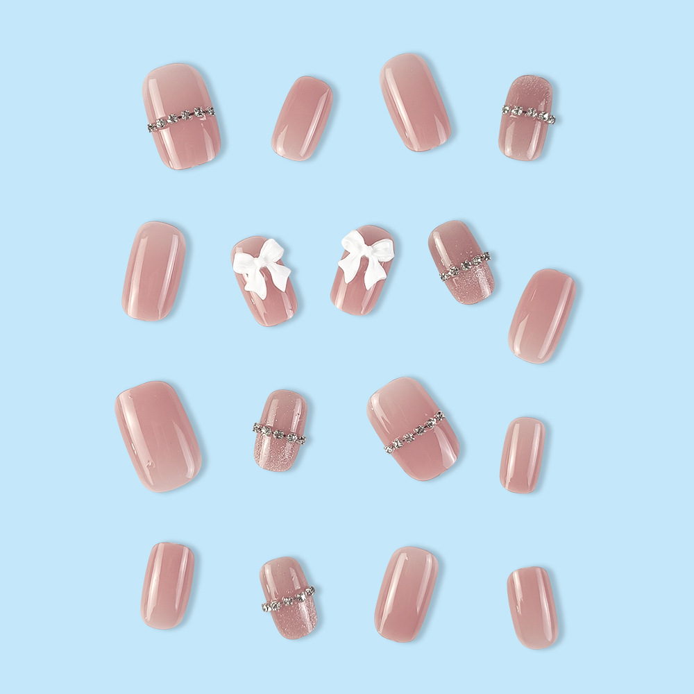Parche de uñas postizas de ojo de gato de rosa desnuda, lazo, uñas de uñas blancas, 24 piezas, ropa corta tridimensional