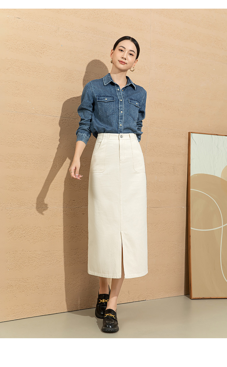 Váy denim đỏ nữ dài trung bình, cạp cao, xẻ tà, dáng thẳng — Màu đỏ Angora chi tiết 30