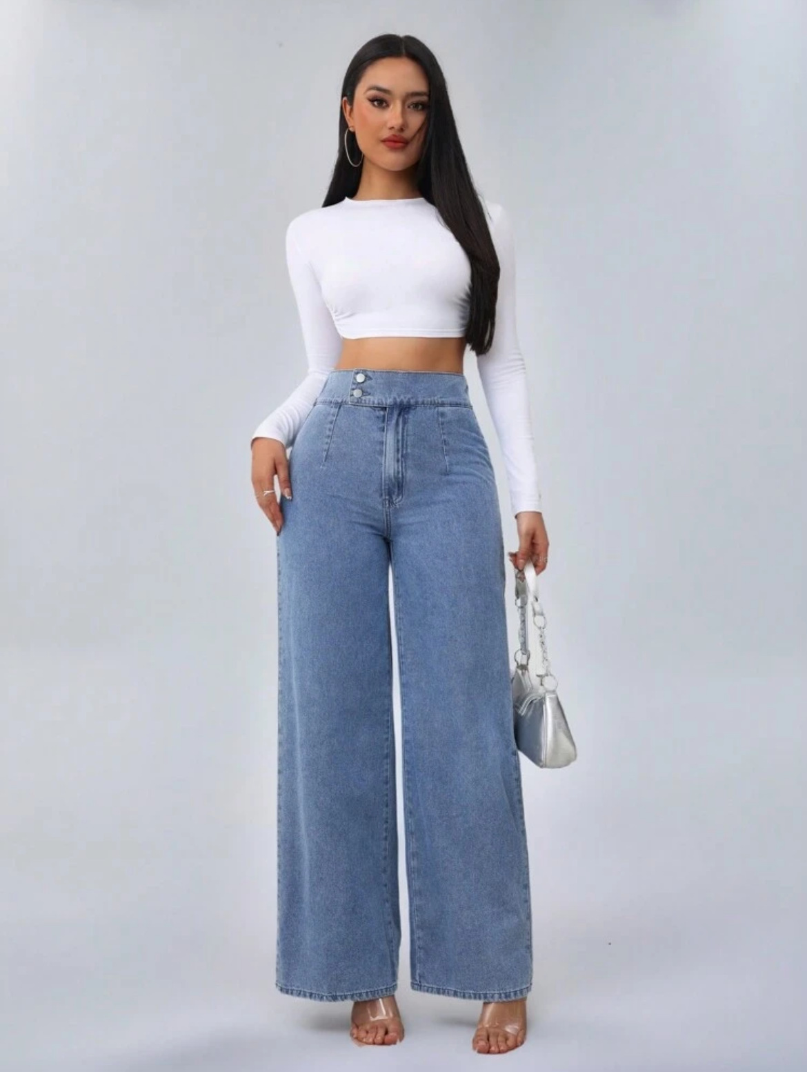 Högmidjade jeans med raka ben för damer med dubbla knappar_voghion.com