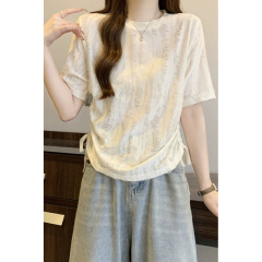 デザインされたリッピングファッション巾着半袖Tシャツレディース夏プラスサイズファットmmスリム不規則ウエストホットガールトップ