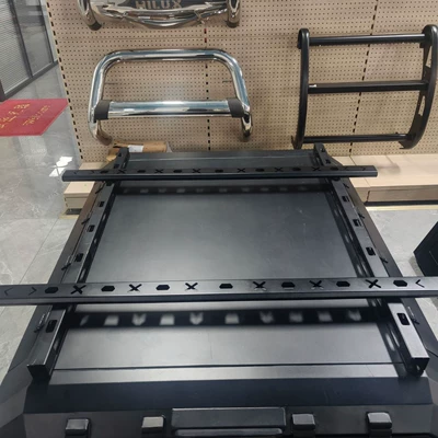 Specialized black metal roof rack for pickup truck bed modification with guardrail protection design