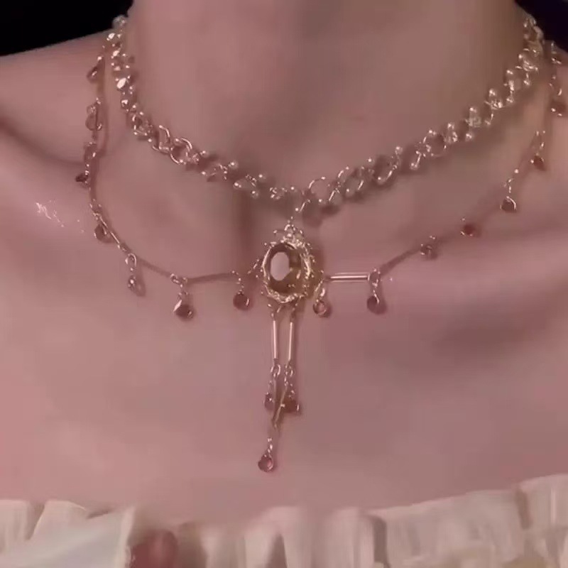 Pink tassel full diamond necklace