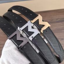 万宝家牛皮真皮3.5宽男士腰带皮带高端品质压花新款M字母平滑扣现