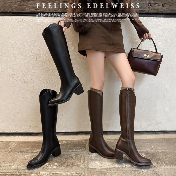 French Retro Pointed Toe Thick High Heel Boots for Women with Side Zipper V-Mouth Knee-High Boots Brown Knight Boots