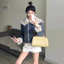 韩版加绒加厚牛仔外套女秋季复古宽松高级气质百搭单排扣夹克棉衣