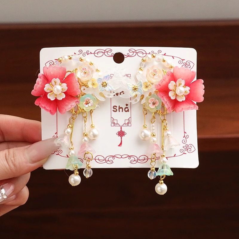 Horquilla de los niños estilo antiguo hanfu tocado lindo perla flor borla clip bebé cinta accesorios para el cabello