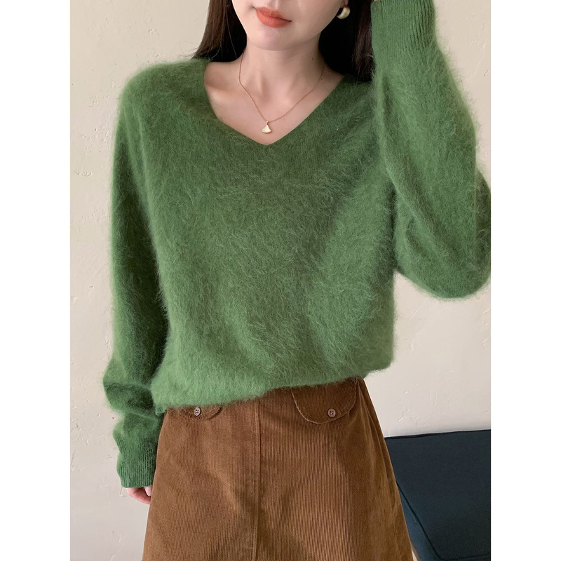 Big Sale Te Price! Heavy Weight Cashmere Brushed V Neck Knitwear Soft and Waxy Skin-Friendly Bottoming Knitwear Outer Top for Women